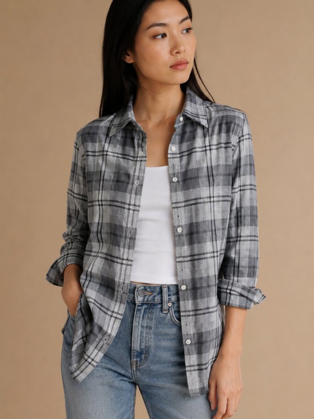 Lauren Ralph Lauren Grey Plaid Button Front Shirt Size S